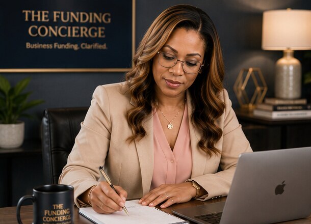 Tyra Brown, small business funding advisor and founder of The Funding Concierge, working at her desk